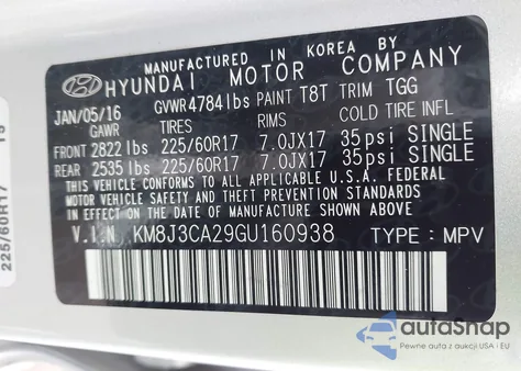 2016 Hyundai Tucson Eco z USA, uszkodzony, nr VIN KM8J3CA29GU160938